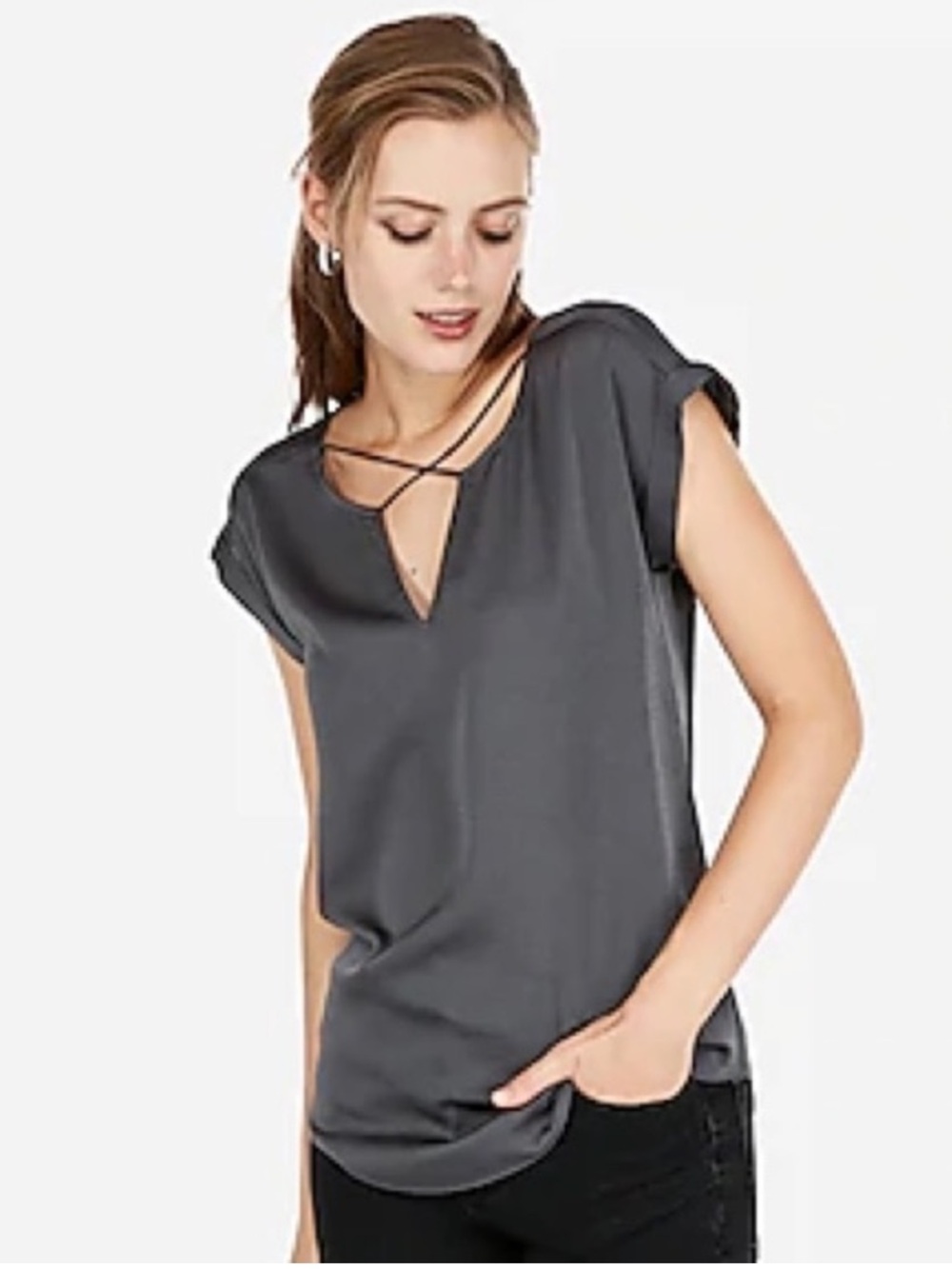 NWT Express Charcoal Gray V-Neck Strappy Cap Sleeve Top